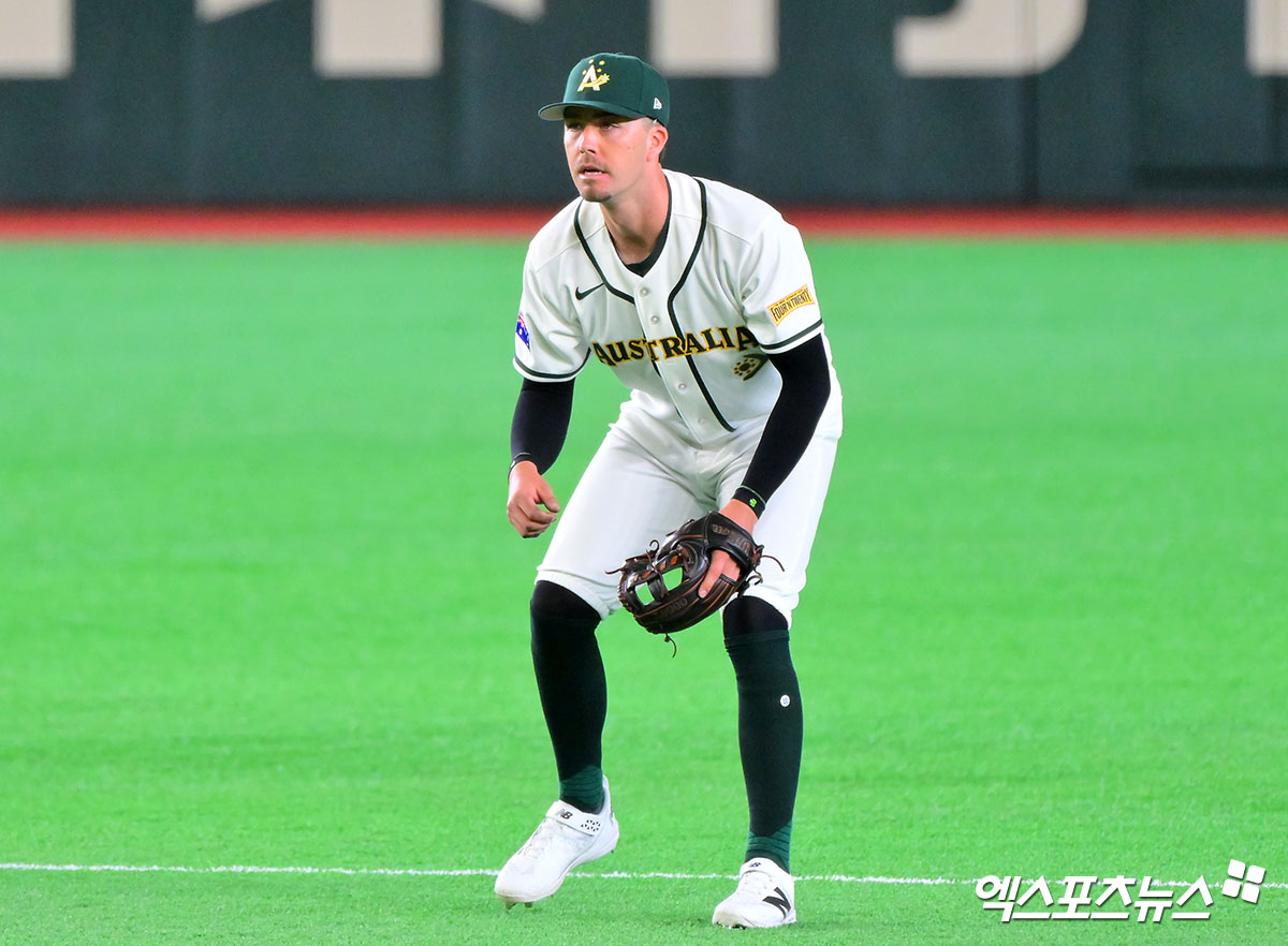 5일 오후 일본 도쿄돔에서 열린 2026 월드베이스볼클래식(WBC) C조 대만과 호주의 경기, 1회초 호주 데일이 경기에 임하고 있다. 일본 도쿄, 김한준 기자