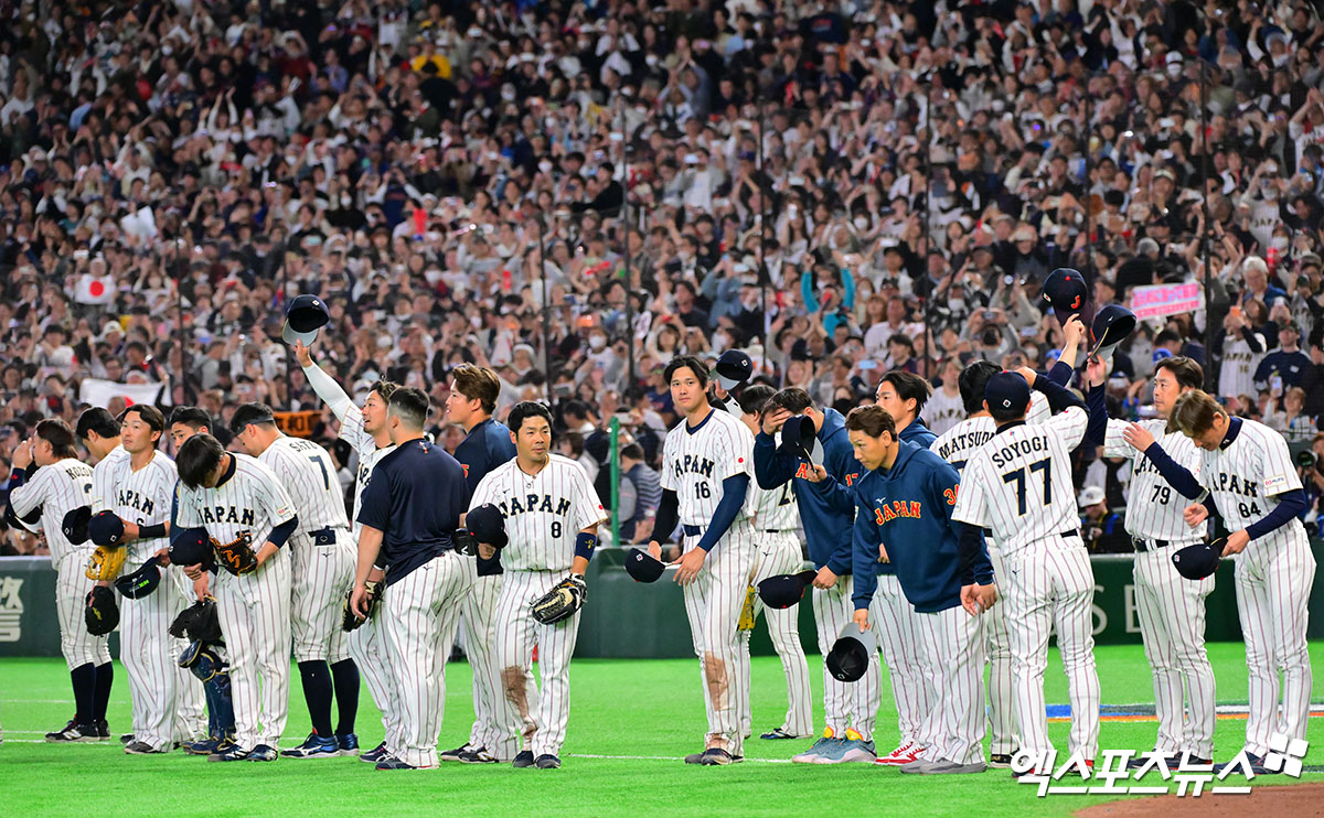 7일 오후 일본 도쿄돔에서 열린 2026 월드베이스볼클래식(WBC) C조 한국과 일본의 경기, 한국이 일본에 6:8로 패배했다.  이날 경기에서 승리한 일본이 기뻐하고 있다. 도쿄, 김한준 기자