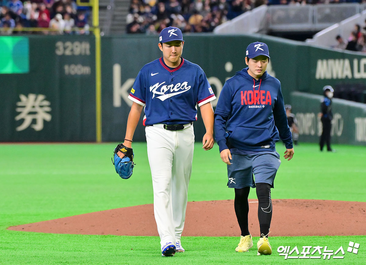 9일 오후 일본 도쿄돔에서 열린 2026 월드베이스볼클래식(WBC) C조 한국과 호주의 경기, 2회말 한국 손주영이 마운드를 내려오고 있다. 도쿄, 김한준 기자