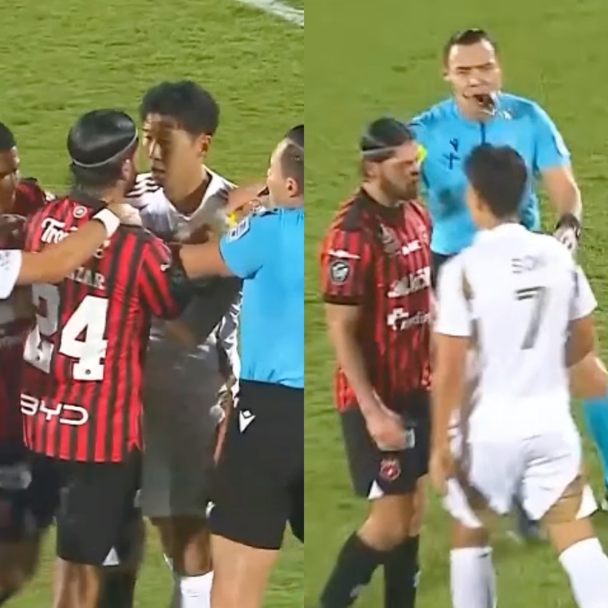 손흥민(LAFC)이 경기 도중 상대의 거친 태클에 격분했다. 그대로 몸싸움까지 벌어졌다. 이 흔하지 않은 광경에 영국 언론도 주목했다. 영국 더선은 18일(한국시간) 전 토트넘 스타 손흥민이 거친 태클을 당한 뒤 상대 선수와 정면으로 맞서며 몸싸움을 벌였다고 보도했다. 후반 3분 손흥민은 상대 진영으로 직접 공을 몰고 전진하던 도중 알라후엘렌세 수비수 아론 살라자르의 거친 태클에 쓰러졌다. 손흥민은 살라자르에게 달려가 얼굴을 맞댄 채 강하게 항의했다. SNS