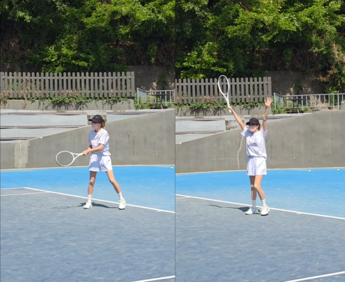 배우 소유진, 테니스 대결 중인 모습