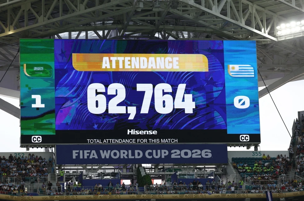 16일(한국시간) 미국 마매이매가든스의 마이애미 스타디움에서 열린 2026 FIFA 북중미 월드컵 조별리그 H조 1차전 사우디아라비아-우루과이 맞대결이 열린 가운데 이날 6만2764명의 관중이 들어차 양팀을 응원했다. 사진 연합뉴스
