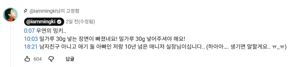 강민경, 유튜브 채널에 직접 남긴 댓글